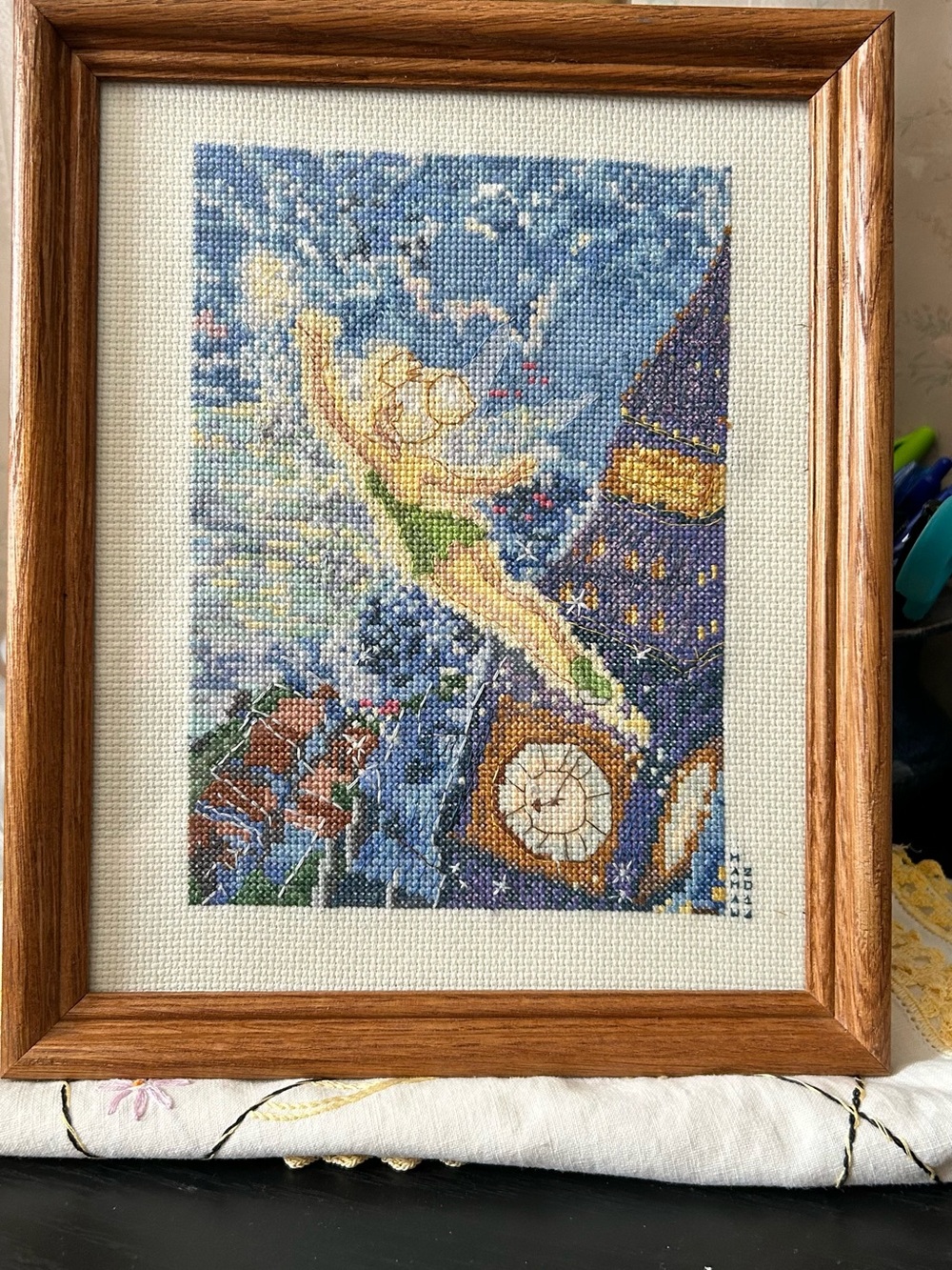 Framed Blue and Green Tinker Bell Cross-Stitch Wall Art